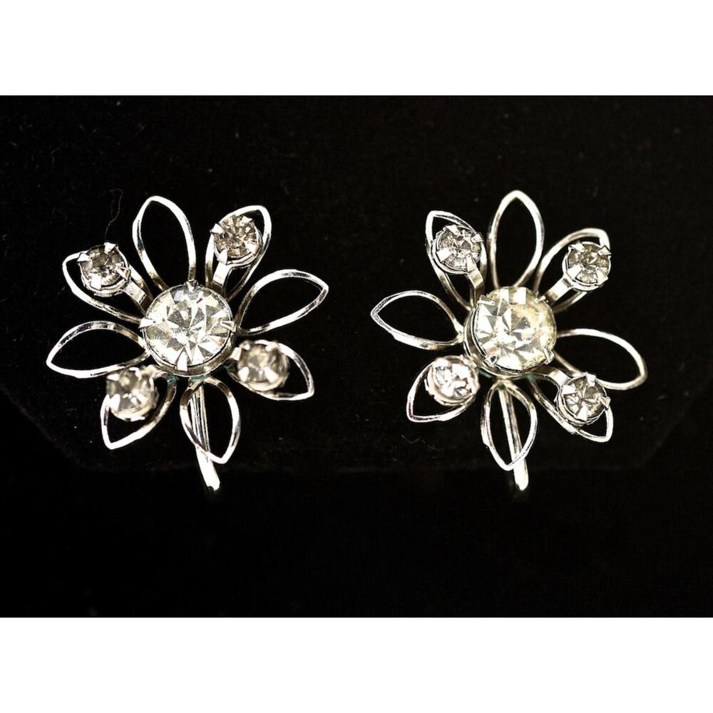 Vintage White/ Colorless & Gray Rhinestone Snowflake Flower Screw Back Earrings